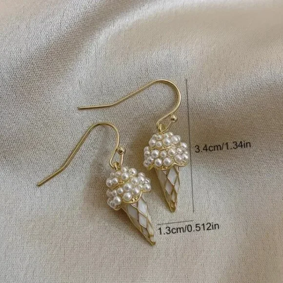 14k Gold Plated 925 Sterling Silver Faux Pearl Ice Cream Cone Drop Earrings - Picture 3 of 3